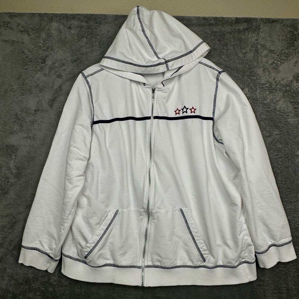 Sag Harbor Hoodie Jacket Women's 1X White Knit Full Zip Stars Patriotic Nautical